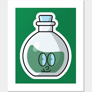 Potion Bottle with Cartoon Character Sticker vector illustration. Science object icon concept. Handsome cartoon with Potion sticker vector design. Cartoon character drink design. Posters and Art